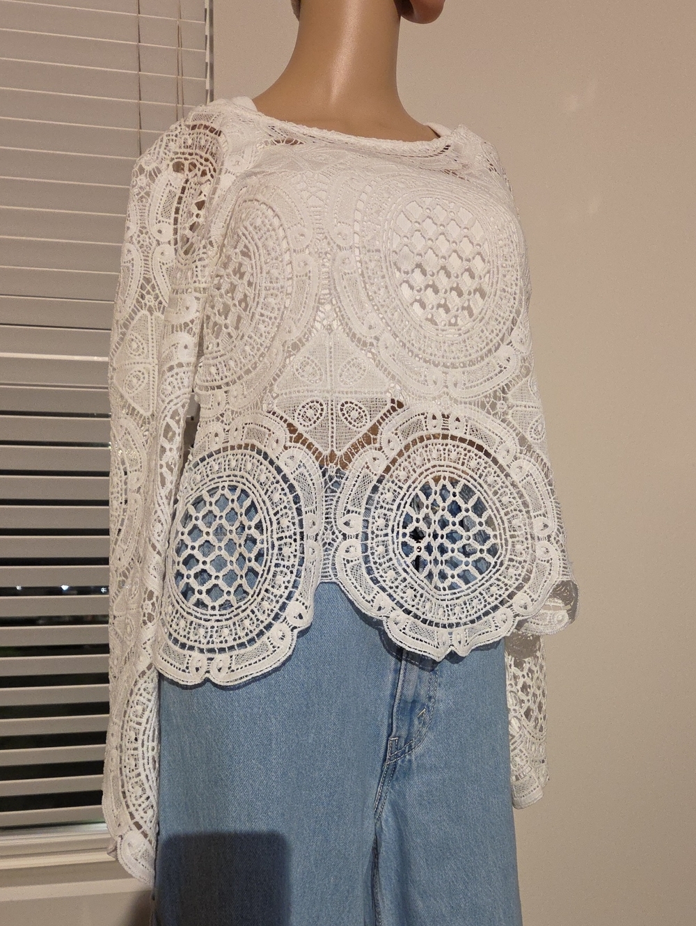 Ultra Pink White Crochet Lace Tunic Top